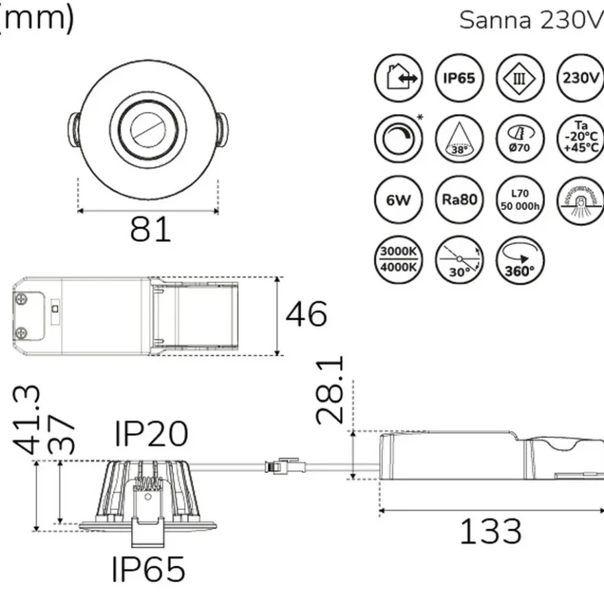 Llitt Sanna Downlight 3000-4000K 230V
