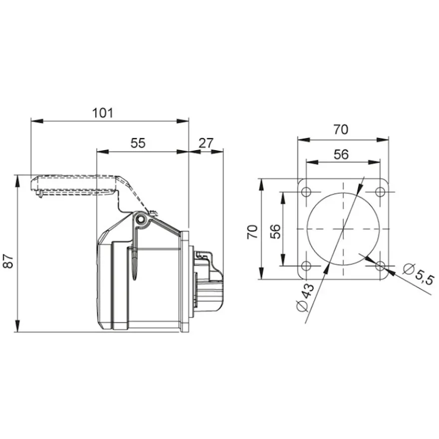 Paneluttag CEE 216-6 16A 1-fas IP44